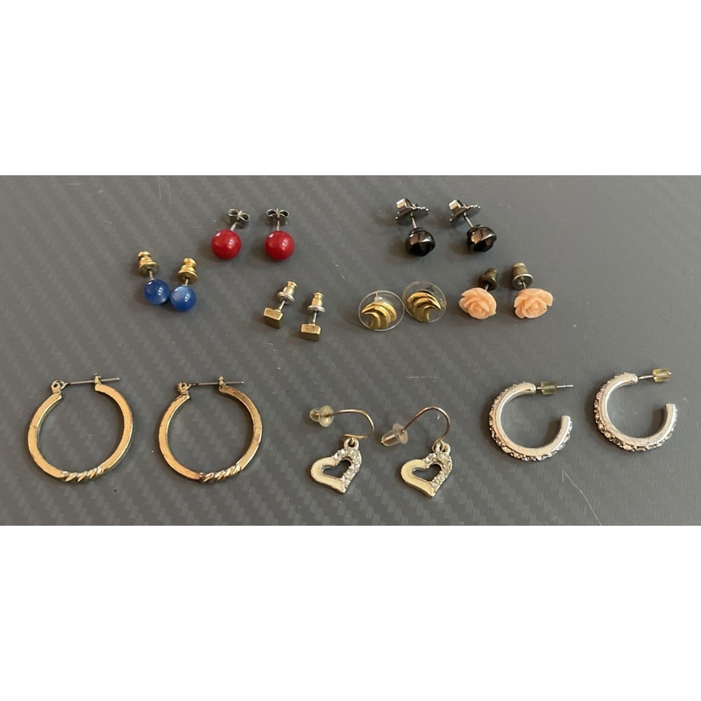 Vintage Lot of 9 Pierced Earrings Studs Gold Silver Tone Hoops Rose Red Blue